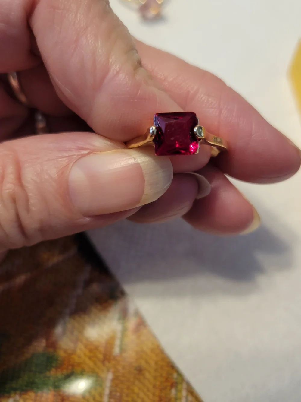 Goldtone  Ring with Red Square Gemstone